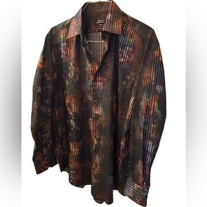 Men’s Justin Harvey dress shirt with multi color stripe pattern.